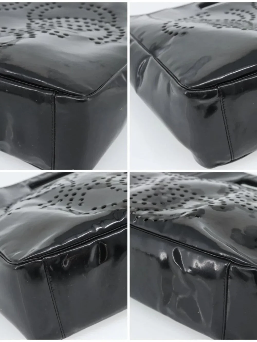 CHANEL Hand Bag Patent leather Black Silver CC Auth 186129